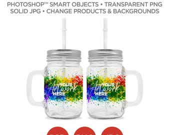 Mason Jars - Clear Glass - Mockup & Template | Smart Object PSD, JPG, PNG formats | 2 Angles, Layered, Editable | Add your own image | V1