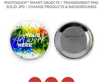 2.5 in Circle Button Pin Back Mockup & Template | Smart Object PSD, JPG, PNG formats | 2 Angles, Layered, Editable | Add your own image