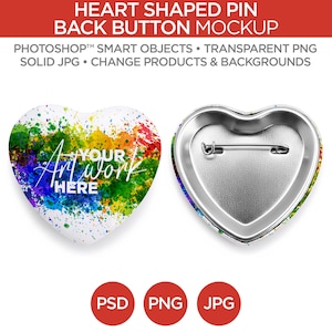 Puede incluir: Maqueta de pin en forma de corazón con un diseño de salpicaduras de pintura coloridas. El pin presenta el texto "YOUR ART WORK HERE". La parte posterior del pin es plateada con un cierre de imperdible. También incluye los textos "PSD", "PNG" y "JPG".