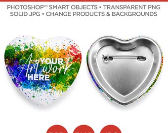 Mockup e template per spilla a forma di cuore / Oggetto avanzato in formato PSD, JPG, PNG / 2 angolazioni, a livelli, modificabile / Aggiungi la tua immagine