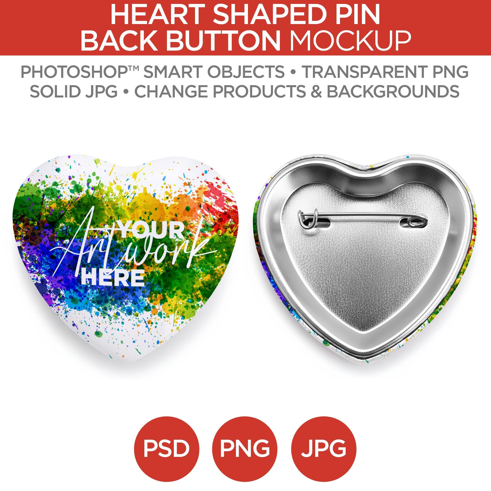Heart Shaped Button Pin Back Mockup & Template | Smart Object PSD, JPG ...