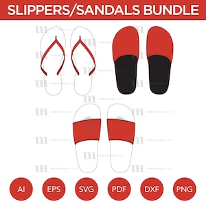 Slippers/Sandals/Slides - Mockup and Template - 2 Angles, 3 Styles, Layered, Detailed and Editable Vector in EPS, SVG, AI, png, dxf and pdf