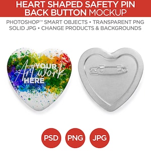 Puede incluir: Maqueta de alfiler de seguridad en forma de corazón. Un lado presenta un diseño de salpicaduras de pintura coloridas con el texto "Your Art Work Here". El otro lado muestra la parte posterior con un cierre de alfiler de seguridad. Incluye opciones PSD, PNG y JPG.
