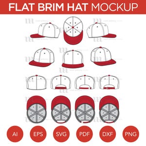 May include: A mockup of a flat brim hat in various views. The hat is white with a red underside and a gray crown. The hat is shown from the front, side, back, and top views.