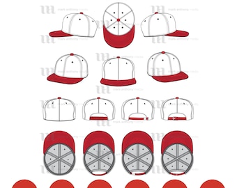 Flat Brim Baseball Cap Mockup and Template - 8 Angles, Layered, Detailed and Editable Vector in eps, sag, ai, png, dxf and pdf