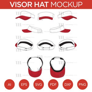 May include: A mockup of a visor hat in various views. The visor hats are white with a red brim. The text "VISOR HAT MOCKUP" is at the top. Below are file type icons: AI, EPS, SVG, PDF, DXF, and PNG.