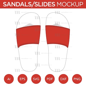 Può includere: Un paio di sandali bianchi con cinturini rossi. I sandali sono di design semplice con una suola piatta.