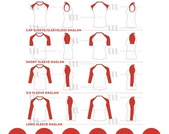 Raglan Women&#39;s Shirt Bundle - Mockup and Template - 16 Raglan Shirts Total, 4 Angles, 4 Styles, Vector in eps, svg, ai, png, dxf and pdf