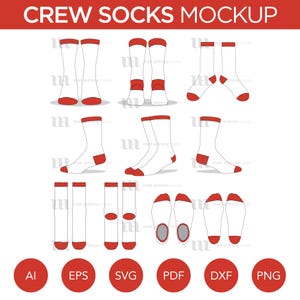 May include: A set of eight crew sock mockups in various styles. The socks are white with red trim. The mockups are in different positions, including flat, folded, and on a foot. The image includes the text "CREW SOCKS MOCKUP" at the top and file format icons at the bottom.