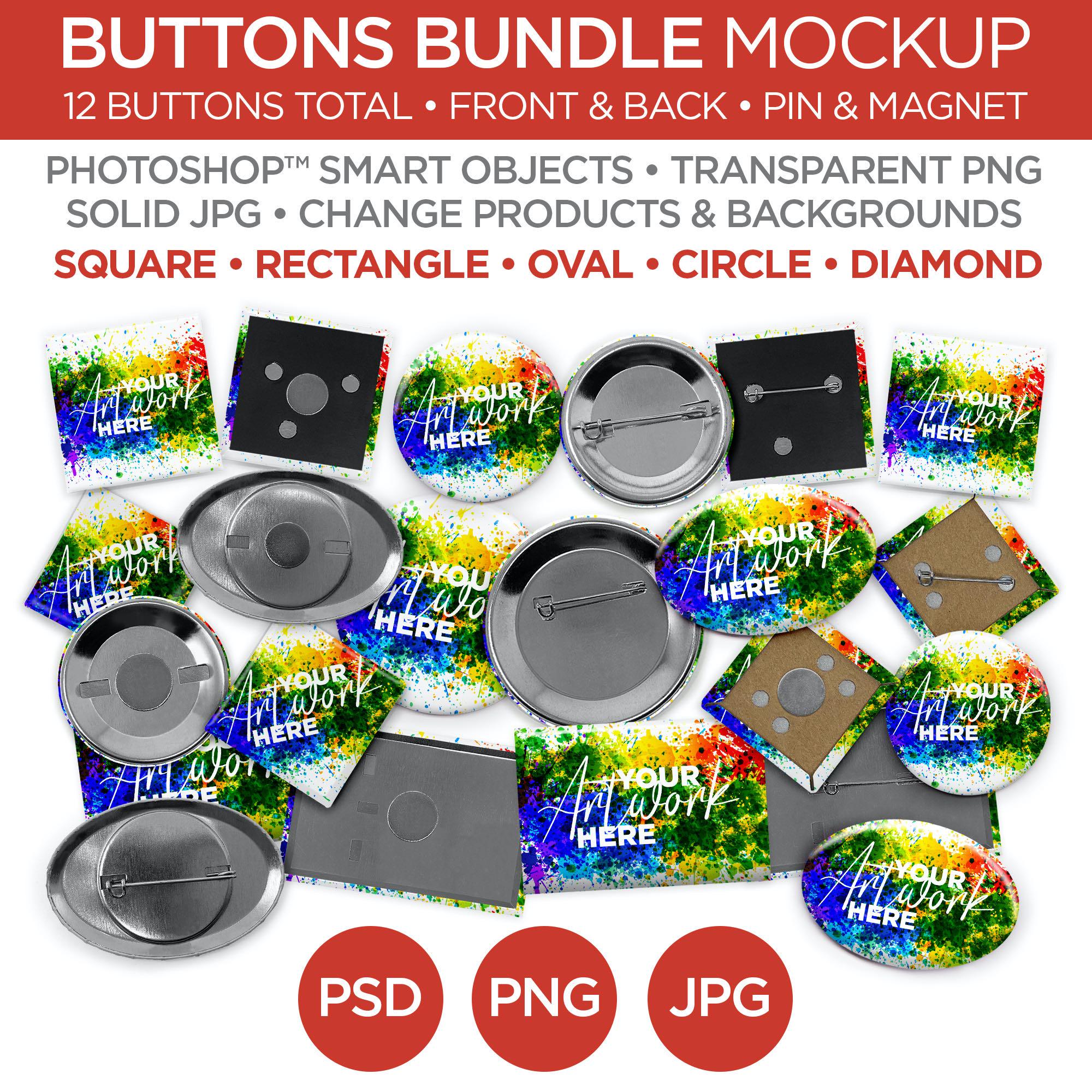 Buttons Bundle Mockups & Templates | Smart Object PSD, JPG, PNG formats | 2 Angles, Layered, Editable | Add your own image