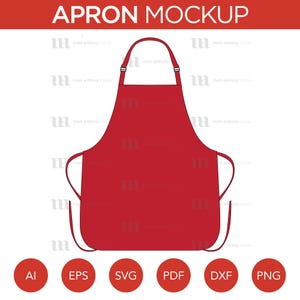 May include: A red apron mockup with adjustable straps. The apron is a simple design with no pockets or embellishments.