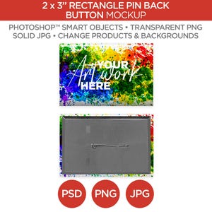 Könnte beinhalten: Ein Mockup eines rechteckigen Ansteckbuttons mit einer Nadel auf der Rückseite. Der Knopf ist silberfarben und hat eine Nadel auf der Rückseite. Die Vorderseite des Knopfes zeigt ein farbenfrohes abstraktes Design mit dem Text "Your Artwork Here".