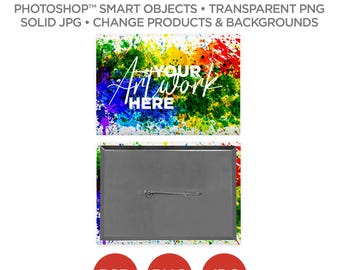 2.5x3.5 in Horizontal Rectangle Button Pin Back Mockup & Template | Smart Object PSD, JPG, PNG formats | 2 Angles, Layered | Add your image