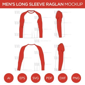 May include: A white long-sleeve raglan t-shirt mockup with red sleeves. The shirt is shown in four views: front, back, side, and three-quarter. The shirt is a template for designing and showcasing custom apparel.