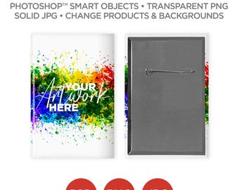2x3 in Vertical Rectangle Button Pin Back Mockup & Template | Smart Object PSD, JPG, PNG formats | 2 Angles, Layered | Add your own image