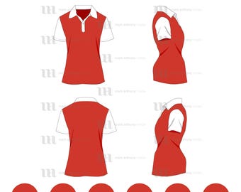 Puede incluir: Una maqueta de camiseta de polo de golf roja y blanca. La camiseta se muestra en tres vistas: frontal, posterior y lateral. La camiseta tiene un cuello blanco y mangas blancas.