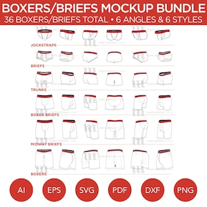 Boxers/Briefs Bundle - Mockup and Template, 36 Total, 6 Angles, 6 Styles, Layered, Editable Vector in eps, svg, ai, png, dxf and pdf