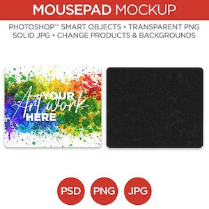 Può includere: Un mockup di tappetino per mouse con un design astratto colorato. Il design presenta un vivace mix di colori, tra cui blu, verde, giallo e rosso, con il testo "YOUR ART WORK HERE". Il mockup include anche un tappetino per mouse nero e icone per i formati PSD, PNG e JPG.