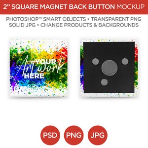 5-in-eckiger Knopfmagnet zurück Mockup & Vorlage | Smart Objekt PSD, JPG, PNG Formate |  2 Winkel, Geschichtet, Bearbeitbar | Fügen Sie Ihr eigenes Bild hinzu