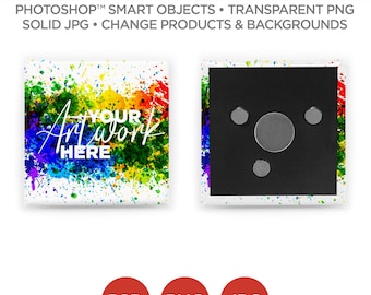 2 in Square Button Magnet Back Mockup & Template | Smart Object PSD, JPG, PNG formats |  2 Angles, Layered, Editable | Add your own image