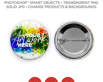 1.5 in Circle Button Pin Back Mockup & Template | Smart Object PSD, JPG, PNG formats |  2 Angles, Layered, Editable | Add your own image