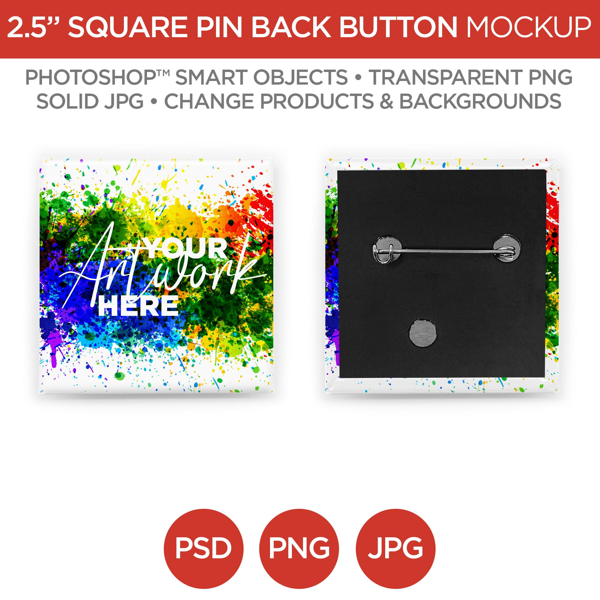 2 in Square Button Pin Back Mockup & Template | Smart Object PSD, JPG, PNG formats | 2 Angles, Layered, Editable | Add your own image