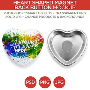 Peut inclure: Maquette de magnet en forme de cœur avec un design abstrait coloré et le texte "Your Art Work Here". La maquette comprend un bouton arrière en métal et les mots "PSD", "PNG" et "JPG".
