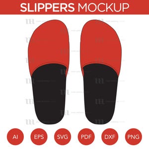 May include: A mockup of a pair of red and black slippers. The slippers are simple and have a rounded toe.