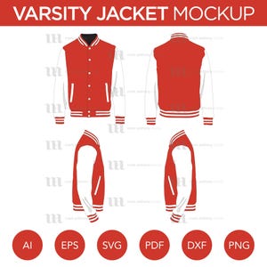 Puede incluir: Una maqueta de chaqueta de béisbol roja y blanca con cuello y mangas blancas. La chaqueta tiene cierre de cremallera y dobladillo y puños de canalé. La chaqueta se muestra en vistas frontal y posterior.