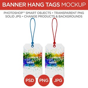 Pode incluir: Duas etiquetas de banner brancas com designs coloridos de respingos de tinta e o texto "Your Art Work Here". Cada etiqueta tem uma corda de cor diferente. A imagem também inclui o texto "PSD", "PNG" e "JPG".
