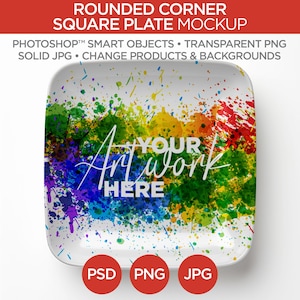May include: A square plate mockup with rounded corners. The plate features a colorful abstract design with paint splatters in various colors. Text on the plate reads "YOUR Art work HERE". The image also includes text indicating the mockup is for Photoshop, with options for PSD, PNG, and JPG formats.