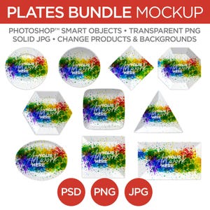 Puede incluir: Una maqueta de varios platos en diferentes formas, incluyendo diseños redondos, cuadrados y geométricos. Cada plato presenta un diseño de salpicaduras de pintura abstracto y colorido con el texto "YOUR ARTWORK HERE". La imagen también incluye círculos rojos con el texto "PSD", "PNG" y "JPG".