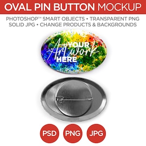 Oval Button Pin Rückseite Mockup & Vorlage | Smart Objekt PSD, JPG, PNG Formate | 2 Winkel, Geschichtet, Bearbeitbar | Fügen Sie Ihr eigenes Bild hinzu