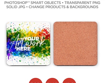 Square Coaster w/ Rounded Corners Mockup & Template | Smart Object PSD, JPG, PNG formats | 2 Angles, Layered, Editable | Add your own image