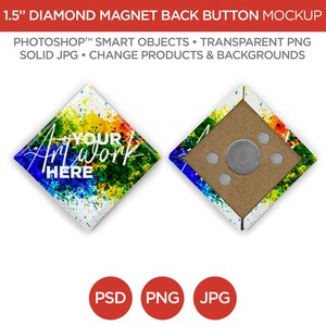 1,5 Zoll Diamant Button Magnet Mockup & Template | Smart Objekt PSD, JPG, PNG Formate |  2 Winkel, Geschichtet, Bearbeitbar | Fügen Sie Ihr eigenes Bild hinzu