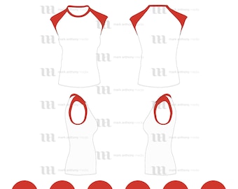 Raglan Women&#39;s Cap Sleeve/Sleeveless Shirt  - Mockup and Template -  Layered, Detailed and Editable Vector in eps, svg, ai, png, dxf and pdf