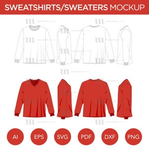 Sweatshirts & Sweaters - Mockup and Template - 8 Angles, 2 Styles, Layered, Detailed  Vector in eps, svg, ai, png, dxf and pdf