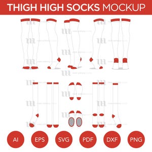 Puede incluir: Una maqueta de calcetines de muslo con rayas rojas y blancas. Los calcetines se muestran en diferentes posiciones, incluyendo un par de calcetines planos, un par de calcetines doblados por la mitad y un par de calcetines en una pierna. La imagen también incluye los formatos de archivo disponibles para descargar: AI, EPS, SVG, PDF, DXF y PNG.