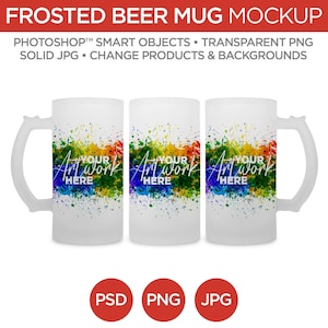 Pode incluir: Três canecas de cerveja geladas com um design de pintura salpicada de arco-íris. As canecas são brancas e têm uma alça. O texto "Your Artwork Here" está escrito em cada caneca.