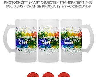 Beer Mug - Frosted Glass - Mockup & Template | Smart Object PSD, JPG, PNG formats | 3 Angles, Layered, Editable | Add your own image | V1