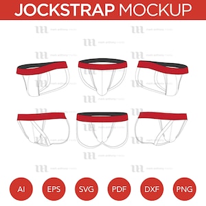 May include: A mockup of a jockstrap design. The image shows multiple views of the jockstrap, featuring a white body with a red waistband and black trim. The text "JOCKSTRAP MOCKUP" is at the top.