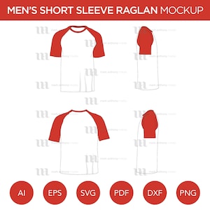 May include: A white short-sleeve raglan t-shirt mockup with red sleeves. The t-shirt is shown in two views: front and side. The t-shirt is a template for designing and customizing t-shirts.