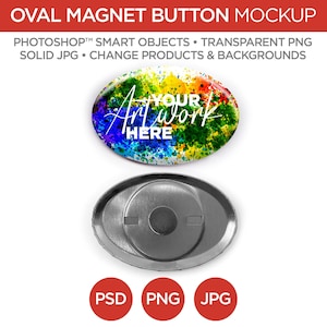 Oval Button Magnet Rückseite Mockup & Vorlage | Smart Objekt PSD, JPG, PNG Formate | 2 Winkel, Geschichtet, Bearbeitbar | Fügen Sie Ihr eigenes Bild hinzu