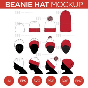 May include: A mockup of a beanie hat in various views. The hat is white with a red brim and a pom-pom on top. The hat is shown in front, side, and back views, as well as with a person wearing it. The hat is available in AI, EPS, SVG, PDF, DXF, and PNG formats.