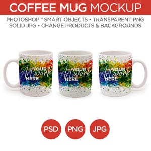 Pode incluir: Três canecas de café brancas com um design colorido de respingos de tinta. Cada caneca apresenta o texto "Your Art Work Here". A imagem também inclui o texto "Coffee Mug Mockup" e ícones de tipo de arquivo.
