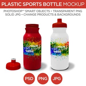 Modell och mall för sportflaska i plast | Smart Object PSD-, JPG- och PNG-format | 2 stilar, lager, redigerbar | Lägg till din egen bild | V1