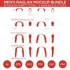 May include: A mockup bundle of 16 raglan shirts in four different sleeve lengths: cap sleeve, short sleeve, 3/4 sleeve, and long sleeve. Each shirt is shown in four different angles. The shirts are white with red raglan sleeves.
