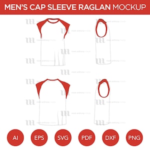 May include: A white raglan t-shirt mockup with red cap sleeves. The shirt is shown in front, back, and side views. The mockup is available in AI, EPS, SVG, PDF, DXF, and PNG formats.