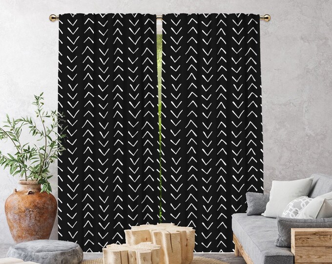 Black Boho Curtain,African Mud,Window Treatments,Blackout,Sheer,Decorative,Home Decor,Living Room,Room,Custom Size,Made to order