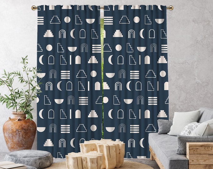 Navy Boho Curtain,African Mud,Window Treatments,Blackout,Sheer,Decorative,Home Decor,Living Room,Room,Custom Size,Made to order,Office Deco